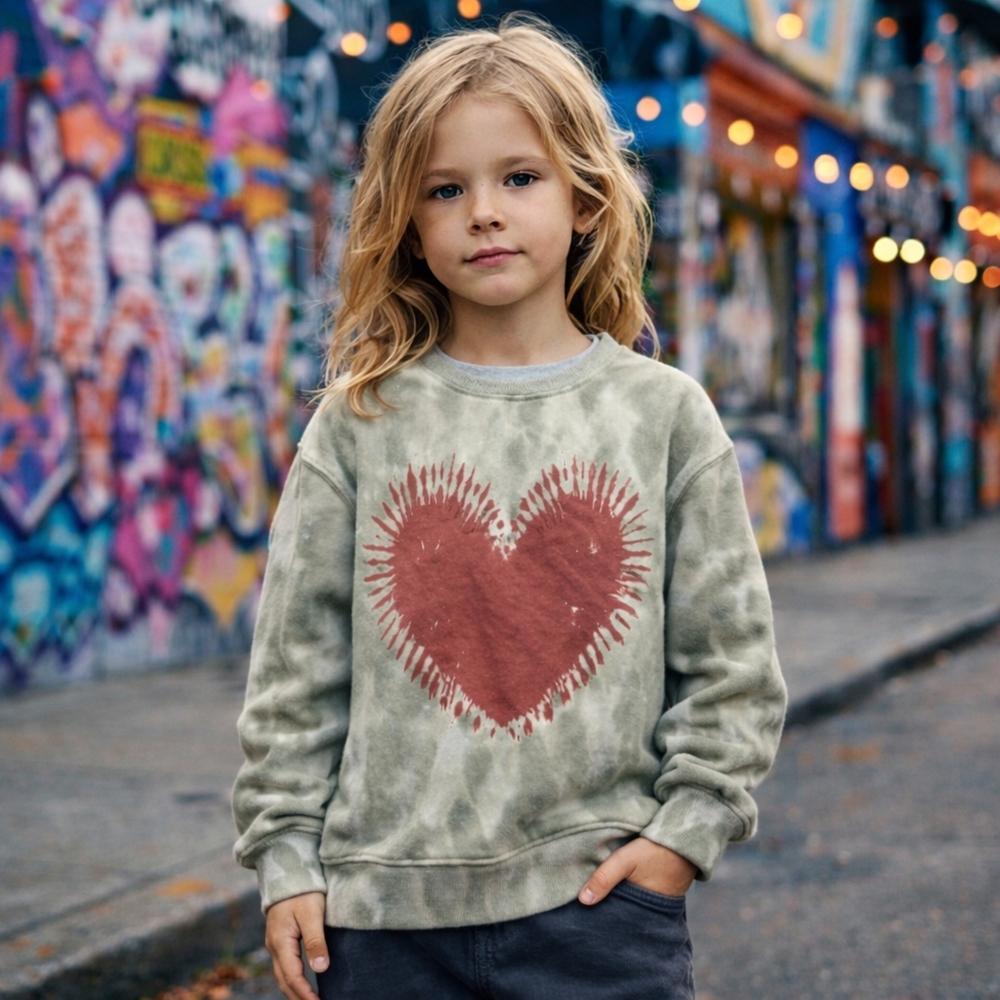 Zara Tie Dye Heart Sweatshirt Green Red Graphic Pullover Crewneck Cozy